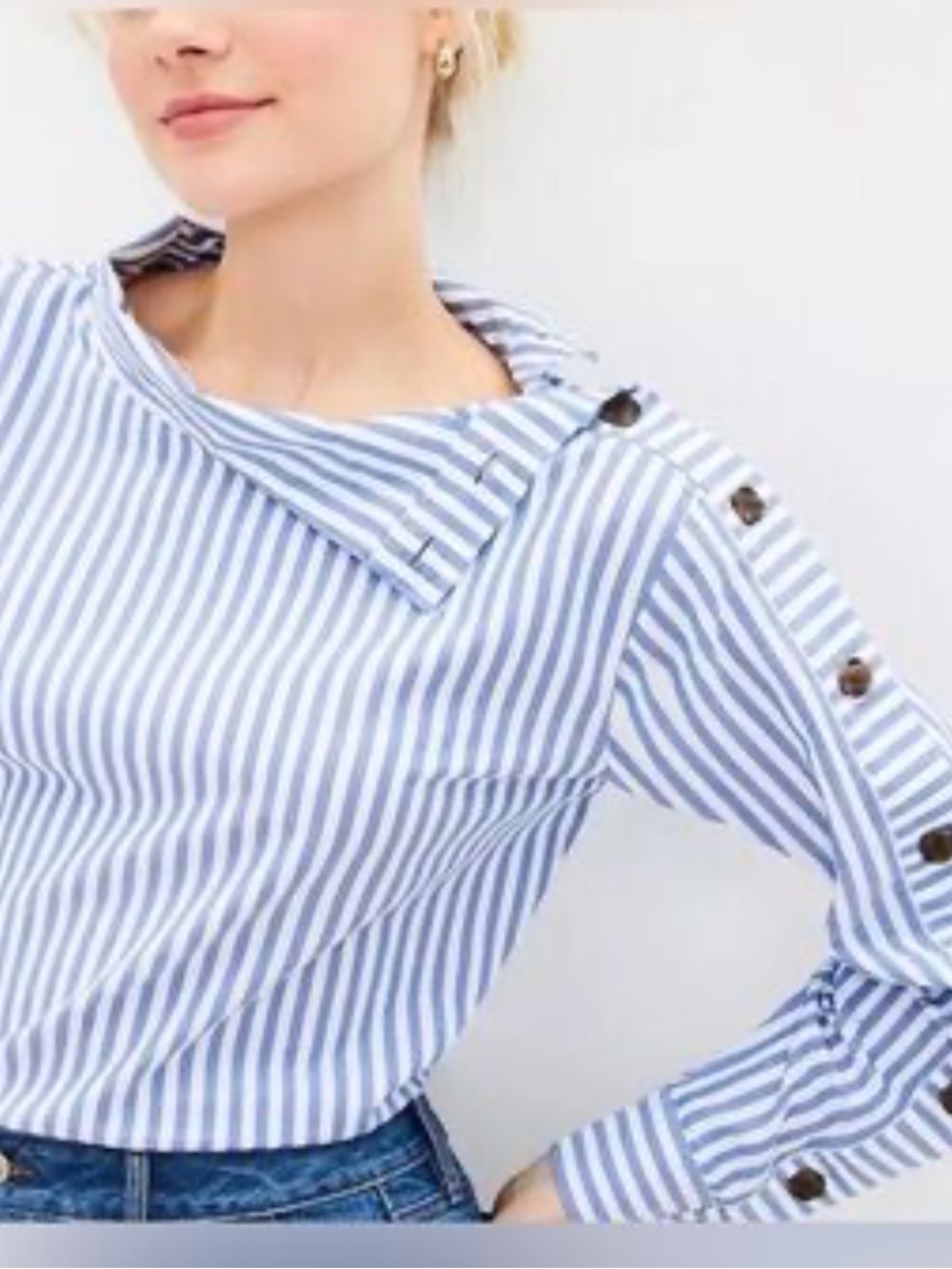 LOFT Blue and White Striped Button-Detail Mock Neck Blouse - Picture 7 of 7